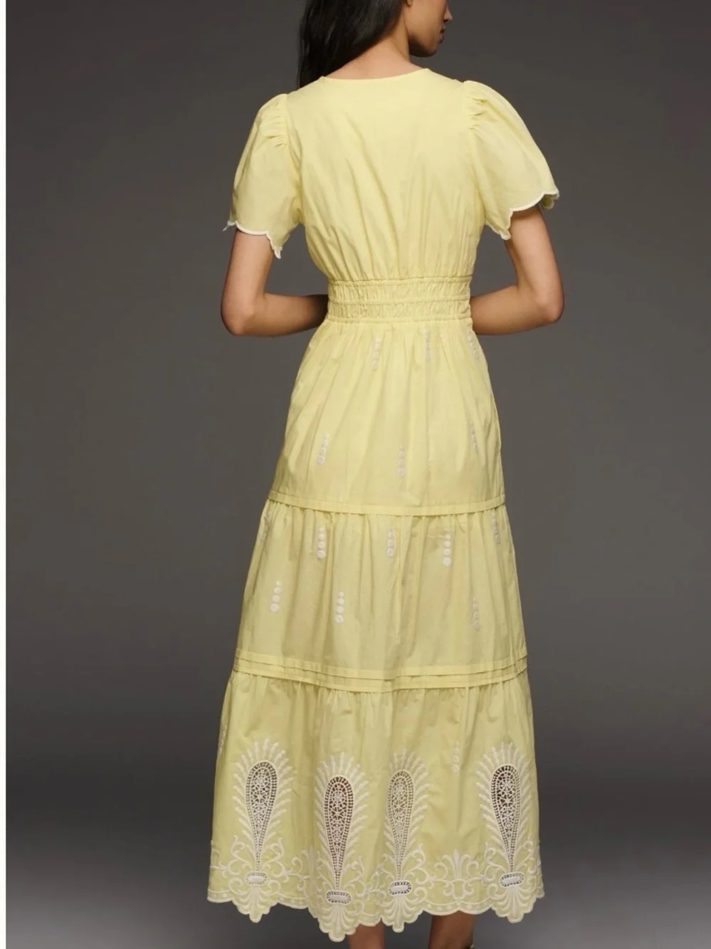 Anthropologie Somerset Short Sleeve Deco Embroidered Maxi Dress Honey Dew Yellow